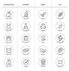 Set icons for natural and organic cosmetics packaging. The outline icons are well scalable and editable. Contrasting vector elements are good for different backgrounds. EPS10.