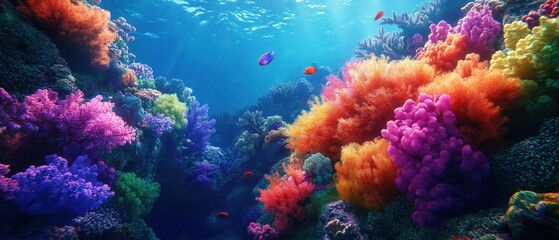 Naklejka premium Vibrant underwater scene showcasing colorful coral reefs and diverse marine life in crystal-clear water.