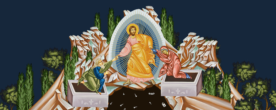 Resurrection of Jesus. Anastasis. Christian religious illustration in Byzantine style