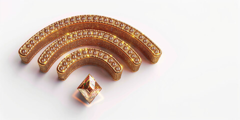 The abstract wifi signal symbol made of golden material with glossy texture and a diamond shape on white background, digital communication concept