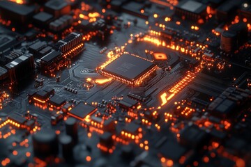 High-Tech Close-up: Intricate Circuit Design on Microchip Silicon Wafer in Cleanroom