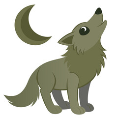Fototapeta premium Kawaii Vector Illustration of Autumn and Halloween Theme with Wolf Howling at the Moon on Transparent Background in Green Color Palette, featuring a Playful and Whimsical Design for Seasonal Festiviti
