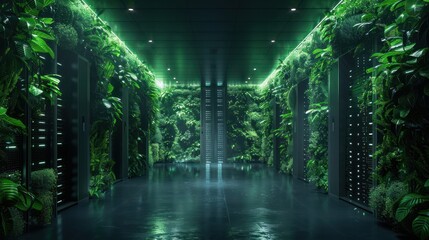 Sustainable Data Center Green Technology Infrastructure Powered by Renewable Energy, Eco-Friendly Server Room with Plants, Energy Efficiency, Clean Energy, Green IT, Future of Data Centers