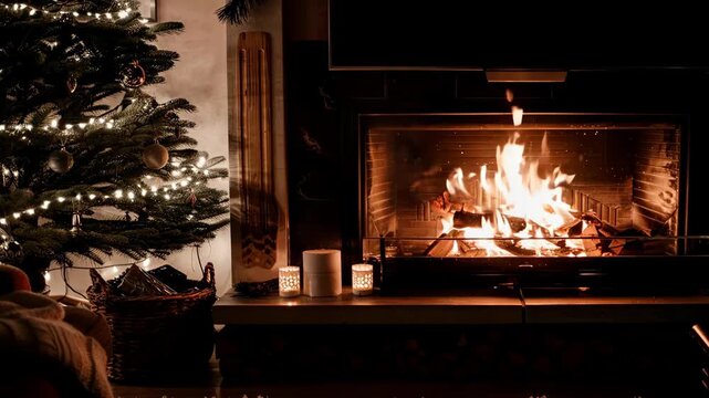 Cozy Christmas scene with a fireplace and decorated tree, creating a warm and festive holiday atmosphere, perfect for celebrating Christmas and winter-themed content.