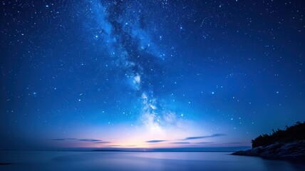 A serene night sky showcasing a brilliant display of stars and the Milky Way, reflecting over calm waters at twilight.