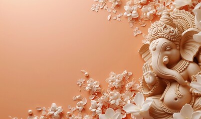 Fototapeta premium Festive statute of the Hindu god Ganesh on peach floral background. Hinduism holiday and ethnic concept. For Ugadi, Diwali, Hindu New Year celebration. Subject shot for banner, card with copy space 