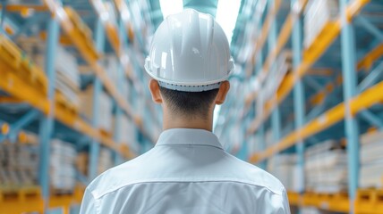 A warehouse worker in a hard hat, observing the organized storage shelves, emphasizing safety and efficiency in logistics.
