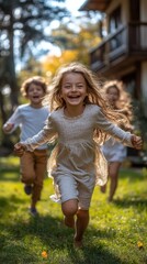 Fototapeta premium Joyful Family Moments: Running Happily in the Backyard