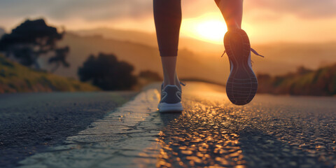 Close up at the feet of a female runner, jogging along an asphalt road at sunset.