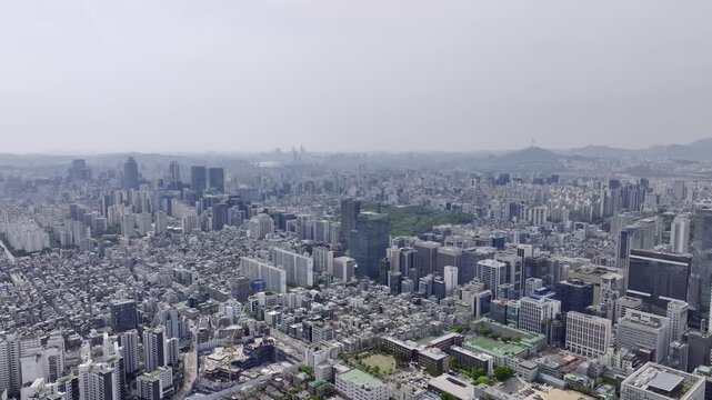 rone View of Seoul city in South Korea, gangnam financial district, Summer 60fps