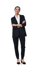 Beautiful woman in black striped suit on white background