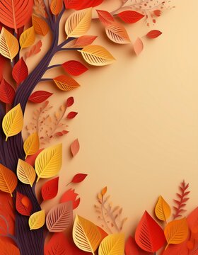 Autumn paper cut background. Fall origami art style poster with tree leaf and branch illustration. Creative foliage decoration with [lace fro advertising or promotion text