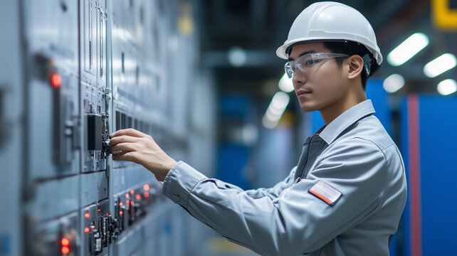 Maintenance engineer checking relay protection system on medium voltage switchgear