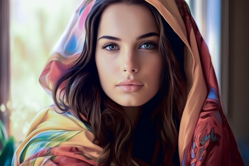 Woman with colorful scarf over her head. Studio portrait photography. Ethnic fashion and beauty concept