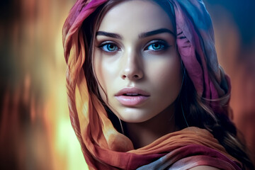 Woman with colorful scarf over her head. Studio portrait photography. Ethnic fashion and beauty concept
