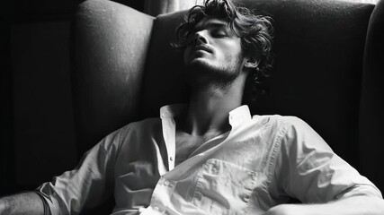 Man resting in an armchair, captured in black and white, perfect for lifestyle, relaxation, and portrait photography content, illustrating a moment of calm and introspection