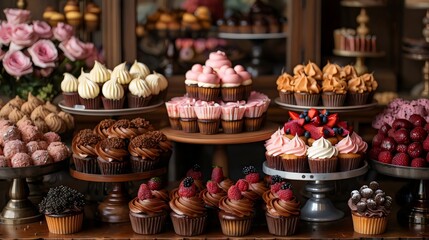 A table full of cupcakes with different flavors and toppings