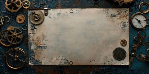 Old paper with gears, clock, and scissors.