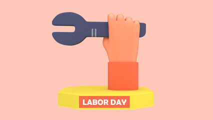 3D render illustration of Labor Day greetings of a hand holding a wrench