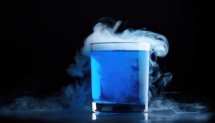 Magic potion. Elixir drink. Mystery blue liquid. Magical poison drink. Glass vial with toxic smoke. Wizard alchemy lab. Poisonous steam. Fantasy potion isolated on black background with copy space