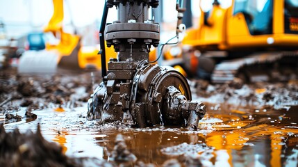 Submersible pump draining water from a construction site, muddy setting Reliable and strong, efficient and essential, construction equipment