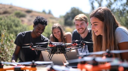 Multi-ethnic groups of students and professionals working together on AI-powered drones, outdoor testing field with obstacle course, laptops and tablets open displaying complex algorithms, mentors