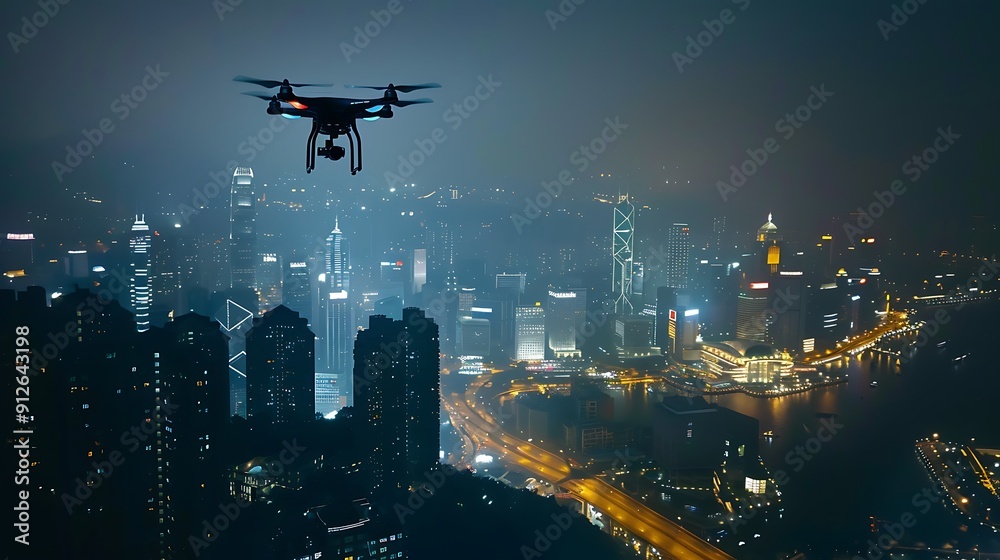 Poster Drone Flying Over Nighttime Cityscape