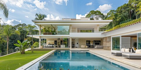 Fototapeta premium Modern luxury villa with a swimming pool and green lawn surrounded by lush tropical forest on a sunny day.