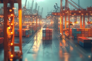 Fototapeta premium Efficient Logistics Management in Action: Close-Up of Port Operations with Containers and Cargo Ships