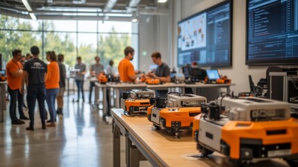 Swarm robotics research facility, large open space with numerous small robots, teams programming collective behaviors, observation platforms, data visualization screens, diverse group of researchers