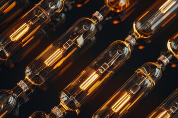 Naklejka premium Rows of glowing light bulbs forming an illuminated pattern on a dark background