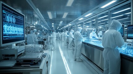 Obraz premium Nanorobotics research laboratory, teams working with electron microscopes, clean room environment, 3D molecular modeling on large screens, collaboration between chemists, physicists, and roboticists,