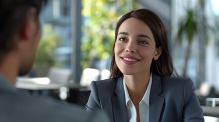 Smiling businesswoman taking interview of a job applicant.