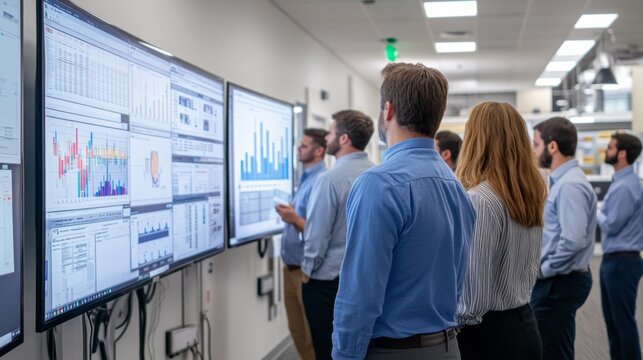 Robotic process automation center, teams from different business units collaborating with software engineers, workflow diagrams on screens, testing stations simulating office tasks, focus on