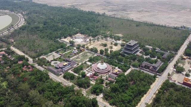 Aerial View of Lumbini Nepal. Lord Buddha birthplace in Lumbini, Nepal. The exact birthplace of Lord Buddha Siddhartha Gautama and one of the Eight Great Places of Buddhism.