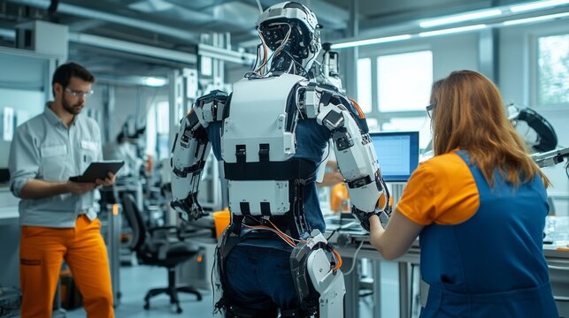 Industrial exoskeleton testing area, factory workers collaborating with engineers, various prototypes for different tasks, ergonomics experts taking measurements, safety officers overseeing tests,