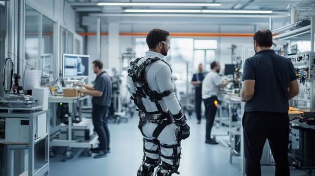 Industrial exoskeleton testing area, factory workers collaborating with engineers, various prototypes for different tasks, ergonomics experts taking measurements, safety officers overseeing tests,