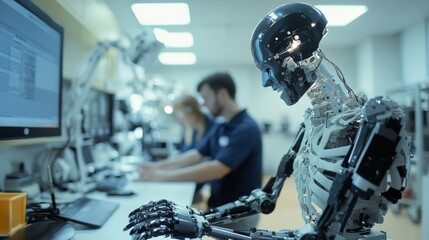 Robotic prosthetics fitting session, biomedical engineers working with amputees, advanced limbs being calibrated, occupational therapists guiding usage, emotional moments of restored capability,