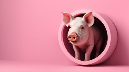 A pig is standing in a pink hole