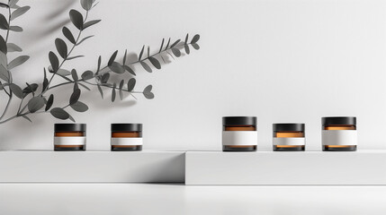 The arrangement of amber glass cosmetic jars with blank labels and elegant eucalyptus branches on a white minimalist shelf, beauty care concept