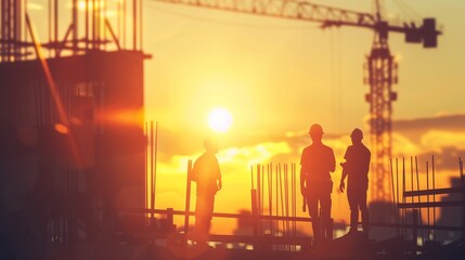 Silhouette of engineer and construction team working at site over blurred background sunset pastel for industry background with light fair.