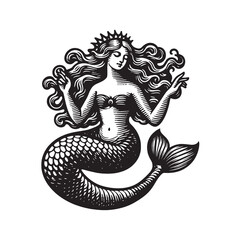 Beautiful mermaid with a crown. sea ​​princess. Engraving vintage vector illustration, monochrome black color. Woodcut	