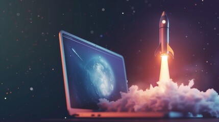 Launching space rocket from laptop screen. generative ai.