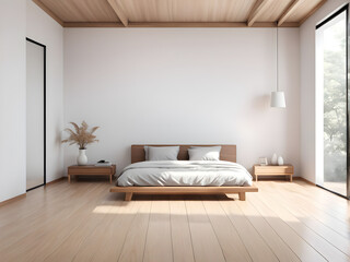 Bedroom japanese minimal style. Modern white wall and wooden floor, room minimalist. 3D rendering