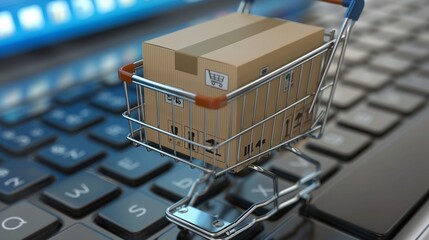 Shopping online. cardboard box with a shopping cart logo in a trolley on a laptop keyboard. shopping service on the online web. offers home delivery..