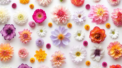 Flowers composition. pattern made of various colorful flowers on white background. flat lay top view.
