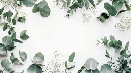 Floral round frame made of eucalyptus branches on white background. flat lay top view.