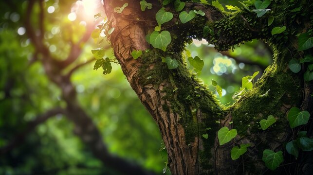 Natural heart formed in the tree trunk in vibrant green forest. valentine day background. copy space.