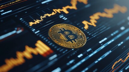Close-up of a Bitcoin coin on a digital screen displaying cryptocurrency market trends and data visualizations.
