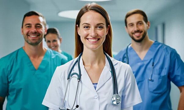 Group portrait video of a cheerful doctor in her 30s wearing a scrub or lab coat with doctors nurses therapists